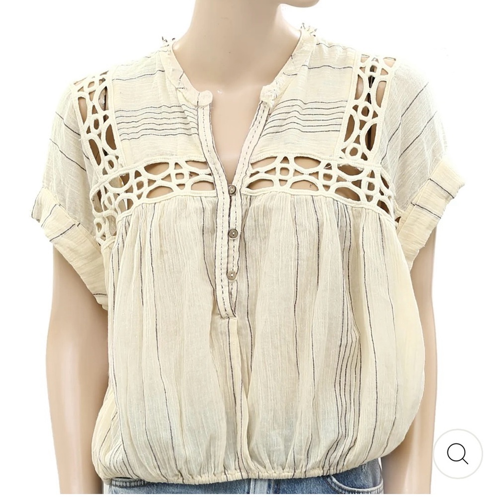 Free People Cream Boxy Blouse with Mandarin Collar